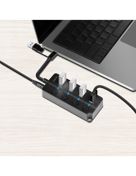 Hub USB 3.2 Gen1, 4 puertos, interruptor de encendido/apagado, negro