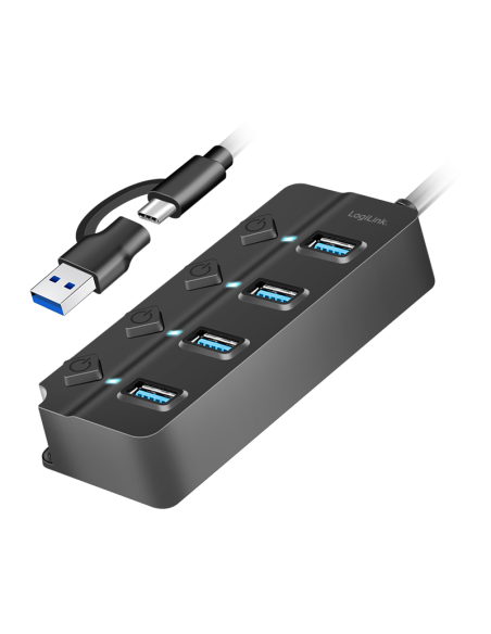 Hub USB 3.2 Gen1, 4 puertos, interruptor de encendido/apagado, negro
