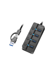 Hub USB 3.2 Gen1, 4 puertos, interruptor de encendido/apagado, negro