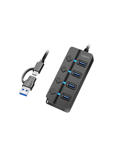 Hub USB 3.2 Gen1, 4 puertos, interruptor de encendido/apagado, negro