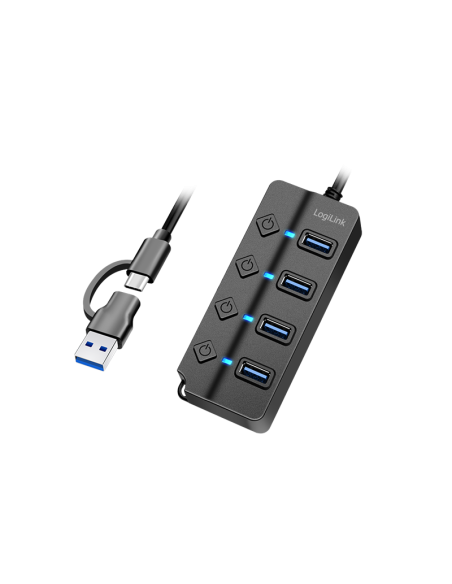 Hub USB 3.2 Gen1, 4 puertos, interruptor de encendido/apagado, negro