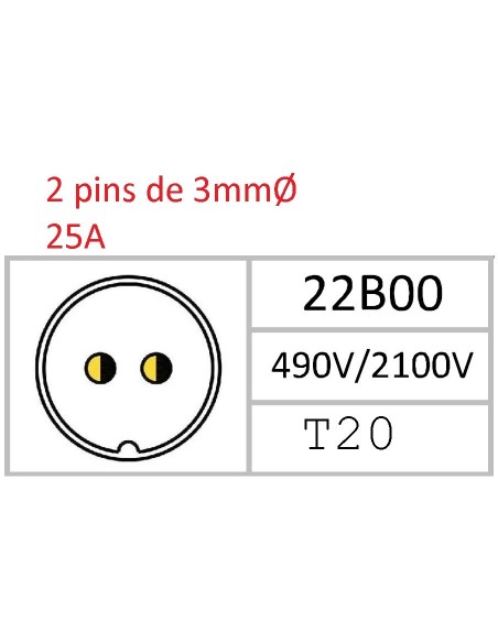 CONECTOR MACHO AEREO 2-PINS T-20 CON RACOR 25A 490÷2100V