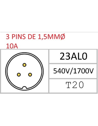CONECTOR MACHO AEREO 3-PINS T-20 CON RACOR 10A 580V÷1700V