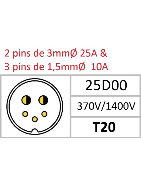CONECTOR HEMBRA AEREO CODO 5-PINS 2x25A & 3x10A T-20 CON RACOR  370V÷1400V