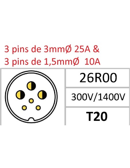 CONECTOR MACHO AEREO 6-PINS T-20 CON RACOR 25A+10A 300V÷1400V