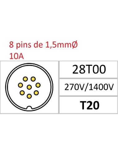 CONECTOR HEMBRA AEREO CODO 8-PINS T-20 CON RACOR 10A 270V÷1400V