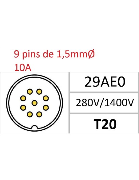 CONECTOR MACHO AEREO 9-PINS T-20 SIN RACOR 10A 280V÷1400V - PROLONGADOR