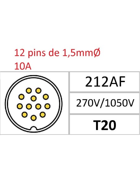 CONECTOR MACHO AEREO 12-PINS T-20 CON RACOR 10A 270V÷1050V