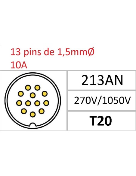 CONECTOR HEMBRA AEREO 13-PINS T-20 CON RACOR 10A 270V÷1050V