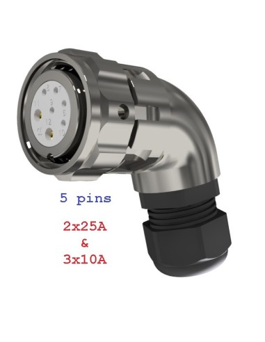 CONECTOR HEMBRA AEREO CODO 5-PINS 2x25A & 3x10A T-20 CON RACOR  370V÷1400V