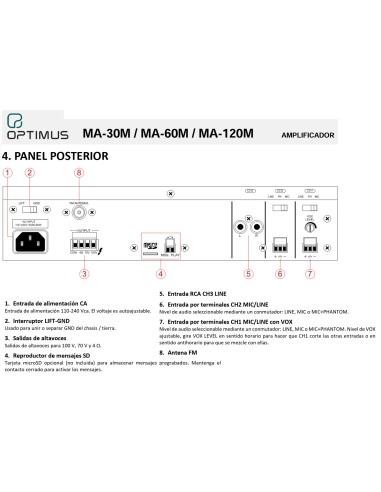 AMPLIFICADOR 30 WRMS 100V 1-AUX 2-MIC OPTIMUS