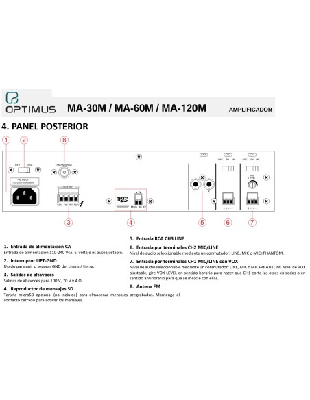 AMPLIFICADOR 30 WRMS 100V 1-AUX 2-MIC OPTIMUS