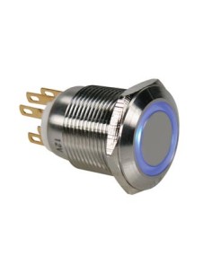 PULSADOR ANTIVANDALICO ACERO INOXIDABLE ANILLO AZUL - 19 mm