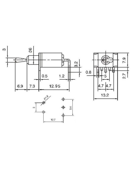 INTERRUPTOR CONMUTADOR 1C2P PCB SPDT ON-ON 3A 250V~ 90º HORIZONTAL