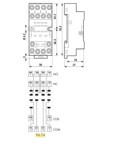 ZOCALO RELE 4 C.C. CARRIL DIN PARA LA SERIE 55.34 & 55.32