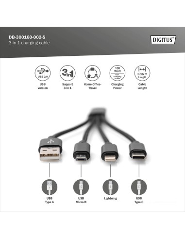 Cable de carga 3 en 1, USB A - Lightning + Micro USB + USB-C