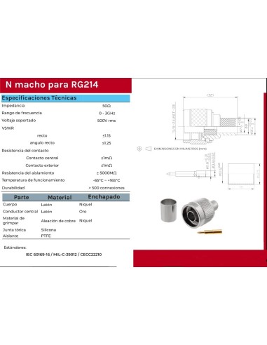 CONECTOR "N" MACHO CRIMPAR CABLE RG214