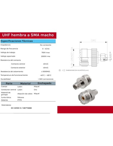 ADAPTADOR SMA MACHO - UHF HEMBRA