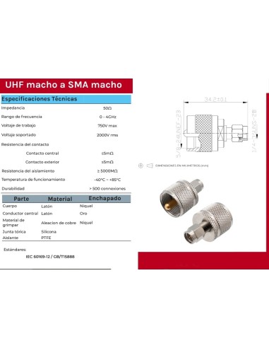 ADAPTADOR SMA MACHO  -  UHF MACHO