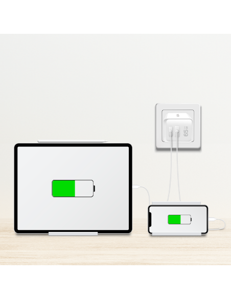 Cargador 2 Puertos, USB A i USB-C 65W de color blanco