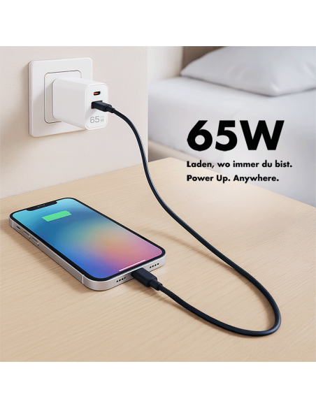 Cargador 2 Puertos, USB A i USB-C 65W de color blanco