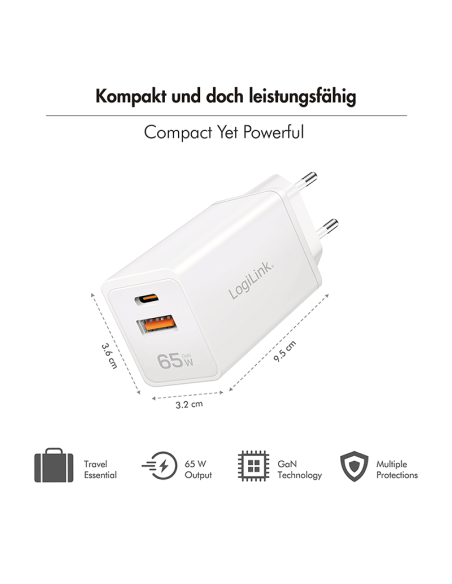Cargador 2 Puertos, USB A i USB-C 65W de color blanco
