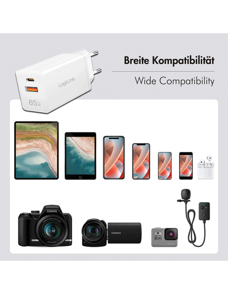 Cargador 2 Puertos, USB A i USB-C 65W de color blanco