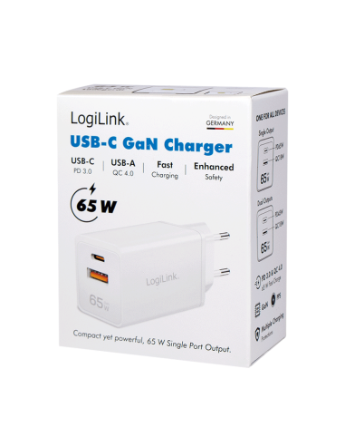 Cargador 2 Puertos, USB A i USB-C 65W de color blanco