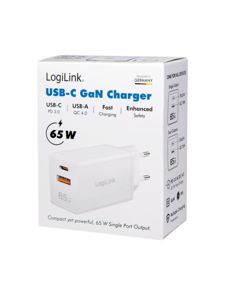 Cargador 2 Puertos, USB A i USB-C 65W de color blanco