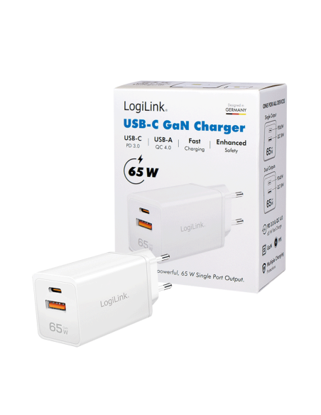 Cargador 2 Puertos, USB A i USB-C 65W de color blanco