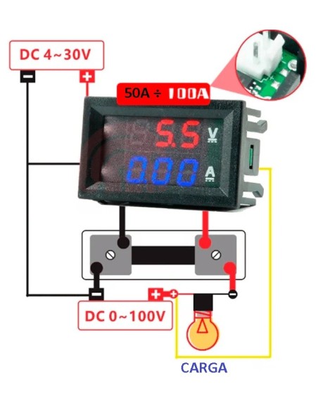 VOLTIMETRO & AMPERIMETRO DIGITAL DE 50A 100V PARA PANEL