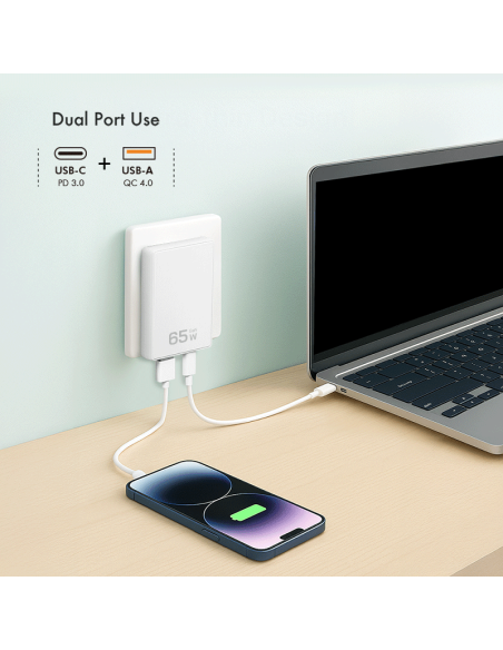 Cargador 2 puertos USB / USB-C 65W Ultrafino