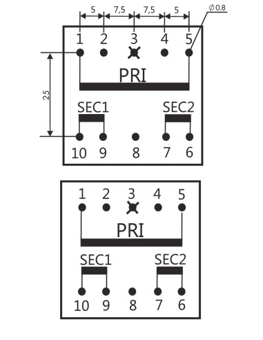 TRANSFORMADOR ENCAPSULADO PCB 2x7.5V 6VA 2x400mA