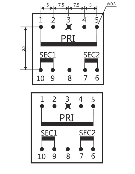 TRANSFORMADOR ENCAPSULADO PCB 2x7.5V 6VA 2x400mA