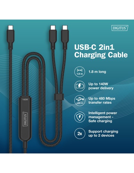 Cable USB-C 2 en 1, 140W , 1.8m