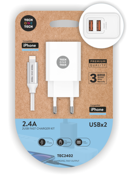 Cargador  2 Puertos USB-A + Cable Lightning