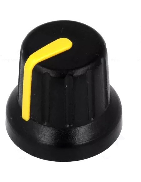 PERILLA NEGRA EJE Ø 6mm ABS Ø16x14mm CON INDICADOR AMARILLO