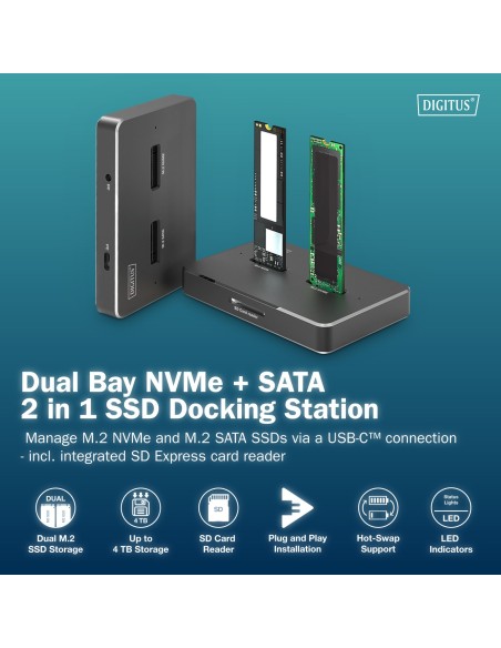 Estación de acoplamiento SSD M.2 NVMe + M.2 SATA con lector de tarjetas SD-Express, USB-C™